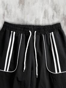 男士时尚休闲撞色条纹运动裤，秋季 - 黑色 - 查看 4