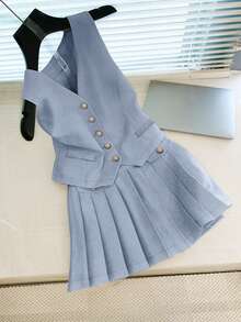 Women's Elegant Casual Houndstooth Vest And A-Line Pleated Skirt Suit, Spring/Summer - Baby Blue - View 3