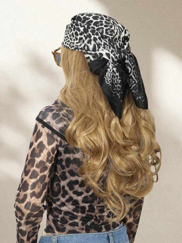 1pc Women's Lightweight Leopard Print Square Scarf, Suitable For Street, Beach, Vacation, Headband, Neckerchief, Bandana