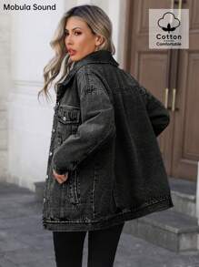 中东百搭休闲运动时尚女装春秋冬羊毛防风夹克，蓝色 Y2K 学院风年轻女士牛仔夹克