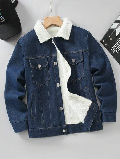 Tween Boy Casual Denim Jacket With Thermal Lining, Long Sleeve, Suitable For Autumn/Winter