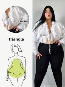 Truni Elyhuante_03 Plus Size Women Spring/Summer Elegant Vacation Solid Color Ruffle Patchwork Long Sleeve Casual Shirt, For Pear Triangle Body Shape - White - View 1