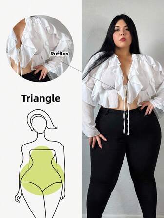 Truni Ropa de mujer talla grande para primavera/verano, conjunto elegante para vacaciones, camisa casual de manga larga con volantes y parches de unicolor