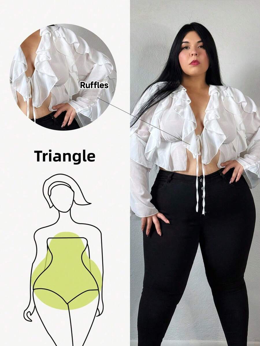 Truni Elyhuante_03 Plus Size Women Spring/Summer Elegant Vacation Solid Color Ruffle Patchwork Long Sleeve Casual Shirt, For Pear Triangle Body Shape - White - View 1