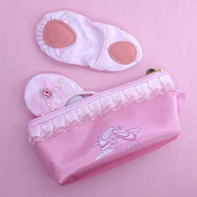 1 Túi đựng giày khiêu vũ màu hồng có khóa kéo, túi lưới đựng giày, túi đựng đồ ba lê, túi xách đựng giày khiêu vũ