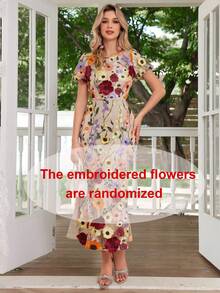 Women's Floral Embroidery Maxi Dress Wedding Guest Dress Evening Party Dress - 紅色 - 查看 3