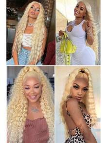 613 13x4 Curly Human Hair Wigs 200 Density HD Lace Front Wigs Human Hair Pre Plucked For Women Deep Wave Glueless Wigs Human Hair Blonde Wigs With Baby Hair 40inch - 613 - Xem 9
