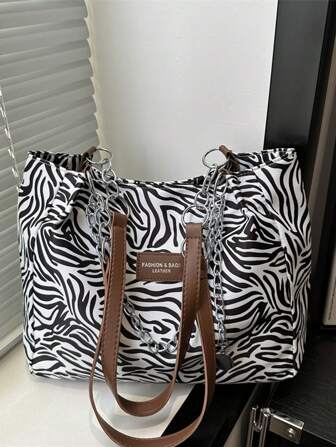 Bolso de mano a rayas de moda - Bolso de hombro de gran capacidad para mujer - Bolso de tela con cremallera para uso diario - Bolso de tela con cadena de metal y estampado de mariposa colorido, de tela de nailon impermeable, adecuado para volver al colegio