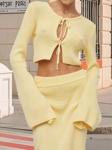 Women's Knit Sweater Long Sleeve Round Neck Tie-Up Front Solid Color Cardigan Fall Sweater - Yellow - View 5
