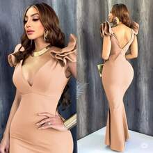 VESTIDO LARGO AJUSTADO OLAN  Liso    Elegante  Fiesta    Volante    Playa - Beis - Ver 1