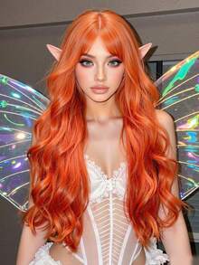 Cute Wigs -Burn Orange Blonde Medium Part Bangs Long Curly 26-Inch Daily Simulation Scalp Natural Woman Wigs For  Wedding Party - 亮橙色 - 查看 2