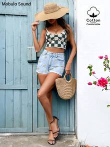 Fashion Casual Rolled Hem Denim Shorts For Women, Embroidered Daisy Elastic Waist, Suitable For Spring/Summer Vacation