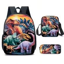 3pcs Dinosaur-Black/Green/Colours Themed Backpack Set With Lunch Box & Pencil Case&Storage Bag - Polyester, Lightweight, Fashionable Mixed Colors