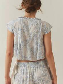 Women's 2 Piece Floral Pajamas Sets Tie Front Fly Sleeves Crop Tops And Elastic Waist Wide Leg Pants Sets Lounge Outfits Sleepwear Homewear - 藍色 - 查看 4