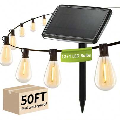 100FT S14 Solar Outdoor String LED Lights, Patio Lights With Shatterproof Vintage Edison Bulbs, S14 E12 Sockets And IP44 Weatherproof Strand, Connectable Hanging Lights For Backyard, Garden, Cafe, Party, Wedding, Holiday Decoration.