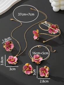 1pc Handmade Tie Dye Gradient Pink Double Layer Asymmetrical Flower Pendant Necklace, 1 Pair Earrings, 1 Ring, 1 Bracelet, 1 Bangle Women Jewelry Set (No Gift Box) - Pink - View 5