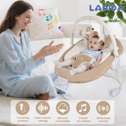 Portable Automatic Rocking Chair – Features Music And Gentle Vibrations, A Detachable Toy Bar With 3 Hanging Ornaments, Adjustable Tilt, Suitable For Early Stages From 0–6 Months, Maximum Weight Approximately 9kg.