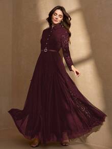 Elegant Women's Rhinestone Collar A-Line Mesh Patchwork Bodycon Dress Spring - Burgundy - View 4