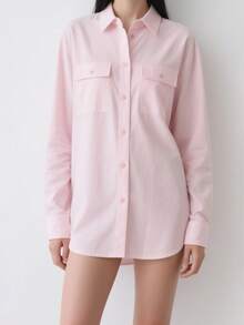 Womens Button Down Shirts Long Sleeve Casual Blouses Lapel Collar Tops With Pockets - Pink - View 3