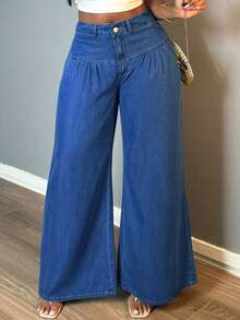Women's Loose Front Button Wide Leg Washed Lightweight Denim Pants Suitable For Daily Versatile Outings - Rửa tối - Xem 3