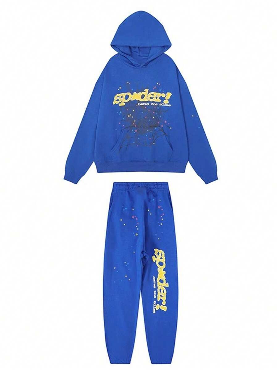 New Hip Hop Spider Hoodies Set Y2k Hoodie ,Tracksuit Pullover Sweatshirt And Trousers For Men Or Women Matching Hoodies For Couples Casual Unisex - 藍套裝 - 查看 1