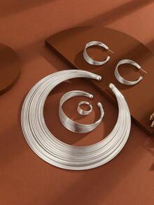 1 Bộ 5 chiếc vòng cổ cô dâu Nigeria, Vòng cổ hợp kim nhiều sợi, Bộ trang sức 4 món, Trang trí xuyên biên giới - Bạc - Xem 1