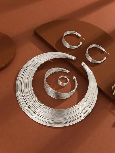 1 Set Of 5pcs Nigerian Bride Necklace Set, Alloy Multi-Strand Choker 4pcs Jewelry Set, Cross-Border Decorations