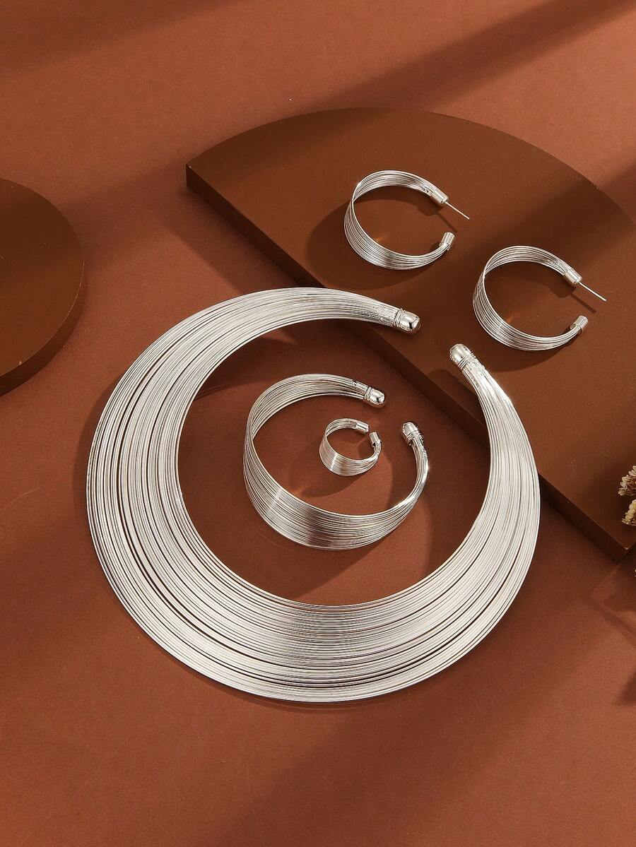 1 Bộ 5 chiếc vòng cổ cô dâu Nigeria, Vòng cổ hợp kim nhiều sợi, Bộ trang sức 4 món, Trang trí xuyên biên giới - Bạc - Xem 1