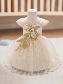 Toddler Baby Girl Party Dress 3D Flower Cap Sleeve A-Line Tulle Princess Dress For Wedding Birthday Party - 香檳色 - 查看 3