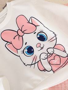女婴可爱卡通猫咪印花长袖圆领卫衣 + 褶皱喇叭裤套装 - 白色 - 查看 6