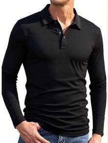 男士翻领长袖修身三扣设计常规休闲商务 Polo 衫，适合日常通勤，春秋季