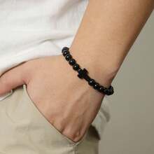 1pc Stone Beaded Cross Elastic Bracelet - Black - View 1