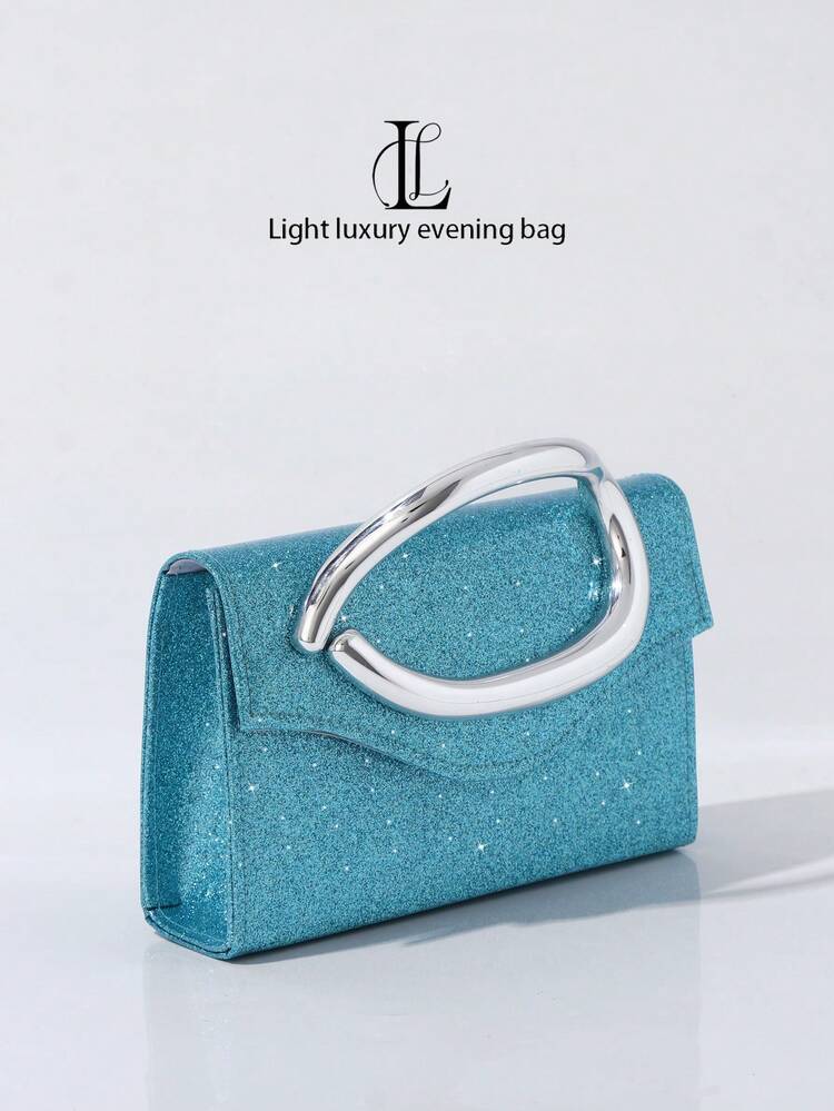 1 件女士时尚复古手柄手拿包，奢华闪亮 PU 方形包，带金属细节装饰翻盖，可拆卸金属链肩带，适合婚礼、派对、舞会、夜总会、正式场合、晚礼服、钱包 - 藍色 - 查看 8