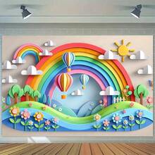 带有热气球和太阳的 2D 平面彩虹壁画 - 充满活力的聚酯派对背景，适用于室内/室外装饰、摄影工作室道具和节日庆典，易于悬挂，彩虹装饰