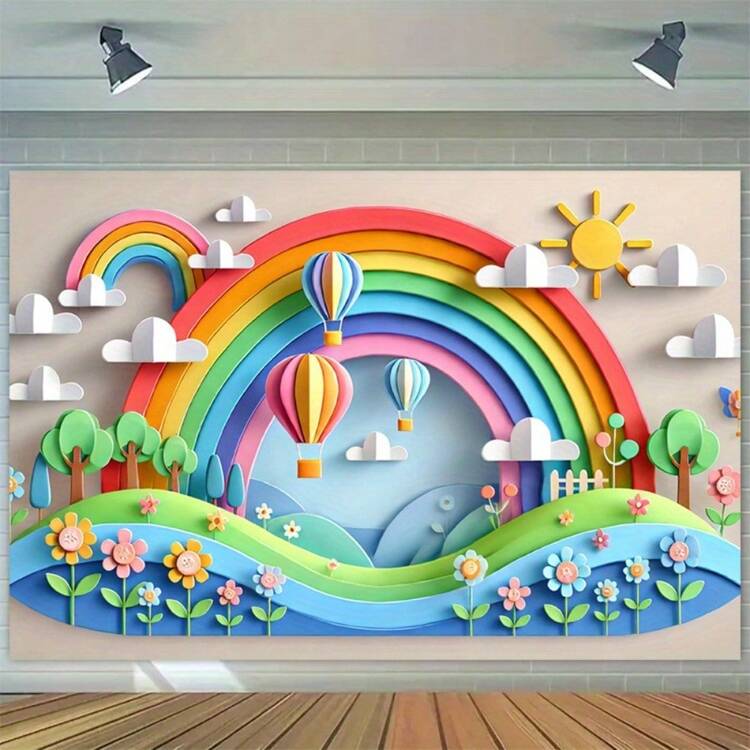 Um Mural Plano 2D de Arco-íris com Balões de Ar Quente e Sol - Bottom de Festa de Poliéster Vibrante, Adequado para Decoração Interna/Externa, Adereços de Estúdio de Fotografia e Comemorações de Feriados, Fácil de Pendurar, Decoração de Arco-íris - Multicolorido - Visão 7