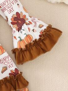 Thanksgiving Girls Autumn/Winter New Long Sleeve Round Neck Letter Cute Turkey Random Full Print Trumpet Sleeve Hemp Double Layer Lace Lady Dress