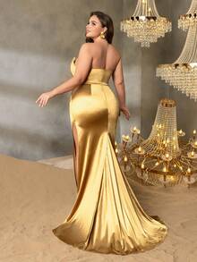 Faeriesty Curve Plus Strapless Mermaid Evening Gown With Rhinestone-Embellished Bodice, Slender Waist Fit, Floor-Length Fish-Tail Skirt & Dramatic Side Slit – Luxe Formal Design | Perfect For Weddings, Galas, Red-Carpet Events, And Formal Dinners