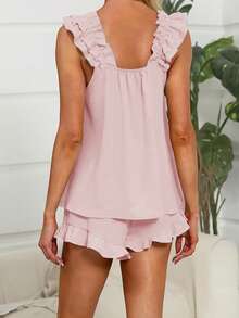 Women's Summer Lounge Set Ruffle Shoulder Strap Tank Tops Drawstring Shorts Sleepwear Sets Bridal Pajama Set For Women - Hồng - Xem 5