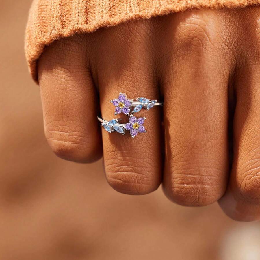 Anello aperto in argento sterling 925, con design a fiore e foglia in zirconia cubica, adatto per uso quotidiano, regalo di compleanno