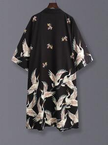 Stylish Cape Shawl, Lightweight Fabric Japanese Style Spring/Summer Crane Printed Open Fork Midi Kimono Cover Up Outerwear For Couples, Retro/ Boho Beach Cover-Up With 3/4 Sleeve, Lightweight Protection