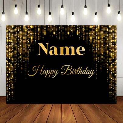 Black & Gold Glitter Polka Dot Gold Crown "Happy Birthday" Personalized Name Design Birthday Party Cake Table Decor Backdrop, Vinyl Photography Prop