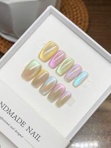 10 piezas de uñas hechas a mano con cuentas de vidrio, uñas francesas con ojo de gato arcoíris, diseño elegante y sencillo, uñas postizas, suministros para uñas