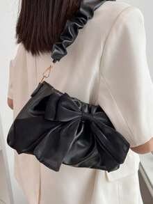 Bolso de hombro con cadena plisada y decoración de lazo - Negro - Ver 4