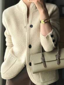 Women's Elegant Korean Style Loose Casual Commuter Sweater Cardigan, Vintage Wool Blend Knit Outerwear, Autumn/Winter - Màu be - Xem 2