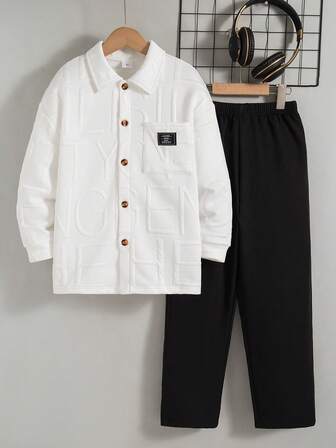 Set de camisa de manga larga con parche frontal y pantalón largo de unicolor casual para niños, primavera/otoño