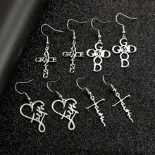 4 Pairs/Set Stainless Steel Faith-Based Love And Faith Words Faith Letters Amazing Grace Prayer Earrings Set Fashion Jewelry - 銀色 - 查看 1