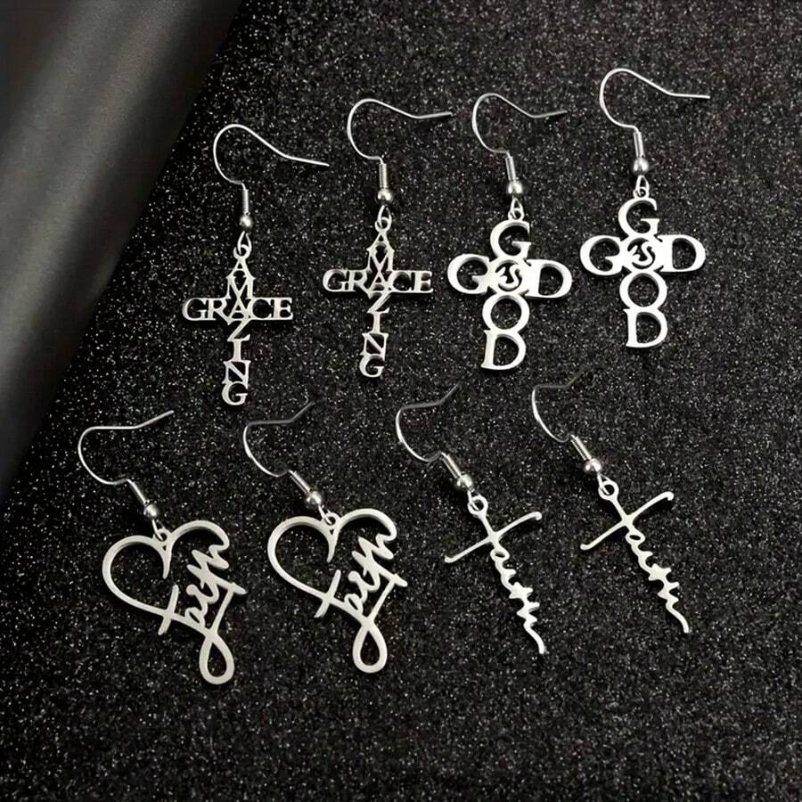 4 Pairs/Set Stainless Steel Faith-Based Love And Faith Words Faith Letters Amazing Grace Prayer Earrings Set Fashion Jewelry - 銀色 - 查看 1