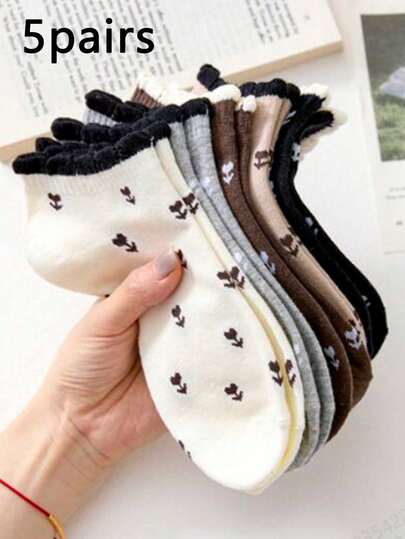 5双装女士夏季蕾丝短袜，柔软透气，可爱花卉图案，适合日常穿着，圣诞礼物
