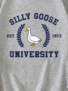 New Years Outfit WomenINAWLY Cartoon And Slogan Graphic Thermal Lined Sweatshirt SILLY GOOSE EST 1973 UNIVERSITY Graduation,Back To School Fits,Graduation,Teacher Fits For Women,Back To School Pullover Fall FitLoose And Comfortablenew Years Outfit Women - Xám - Xem 3
