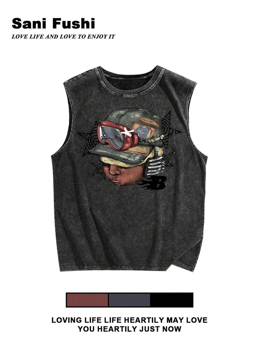 Black Summer Street Loose Bottoming Vest Men's Pure Cotton Washed Cotton Distressed Sleeveless Vest Pattern Print Details Outdoor Wear Men's Fashion Vest Pure Cotton Washed Cotton Batik Distressed Sleeveless Vest - 黑色 - 查看 1